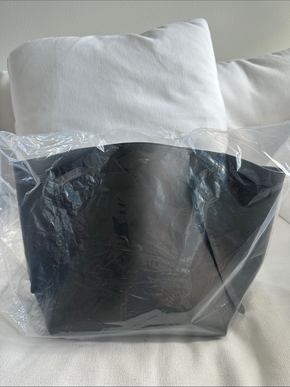 Celine Black Pebbled Leather Tote with Gold Logo